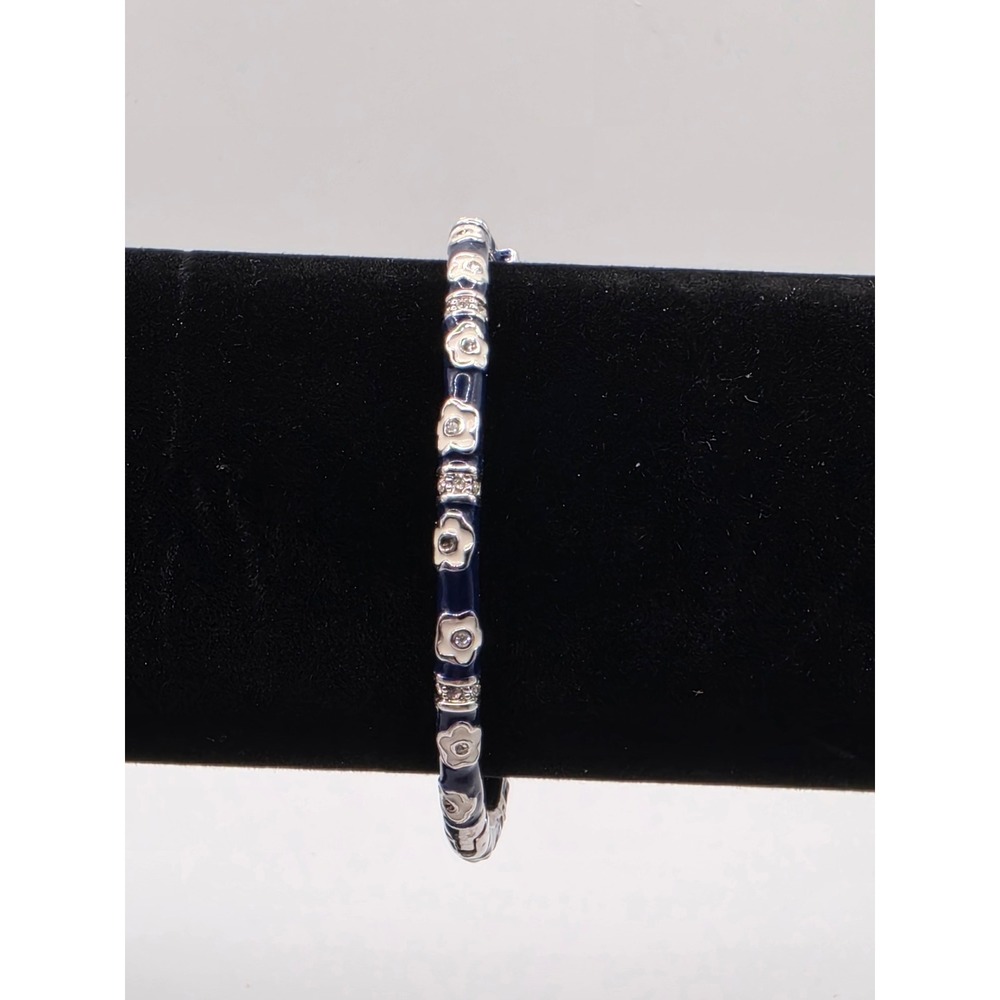 Navy Blue Enamel Floral Bangle Bracelet White Flowers Crystal Accents 6.5 Inch